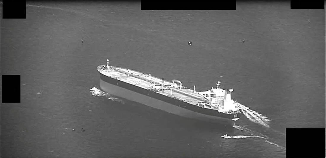 Fast-attack crafts from Iran's Islamic Revolutionary Guard Corps Navy swarming Panama-flagged oil tanker Niovi as it transits the Strait of Hormuz
