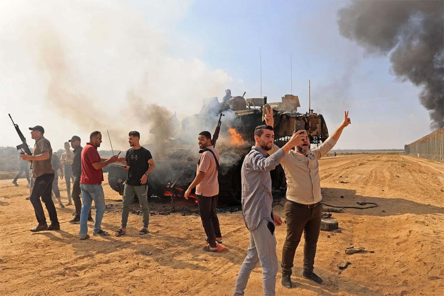 A destroyed Israeli tank by Palestinian fighters