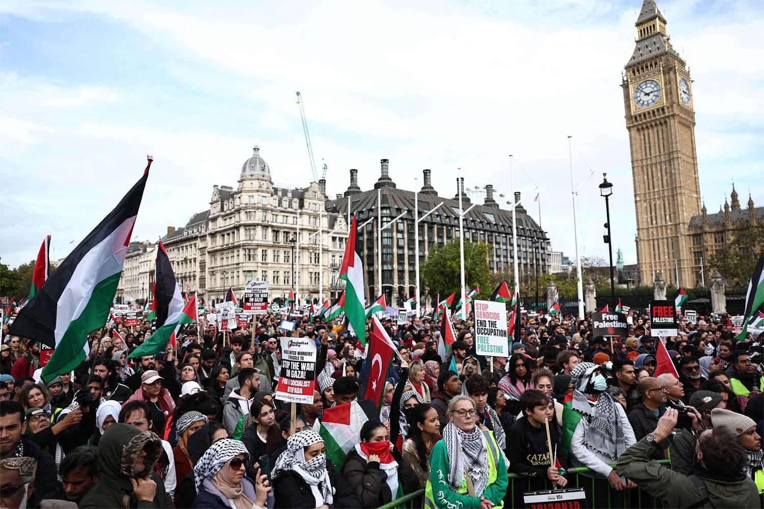 People in Parliament Square taking part in a March For Palestine in London on October 28