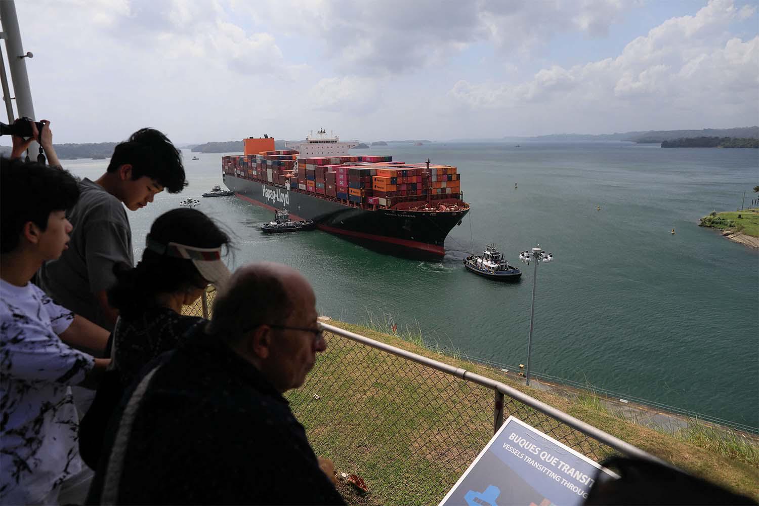 A cargo ship is pictured at the Panama Canal in Agua Clara