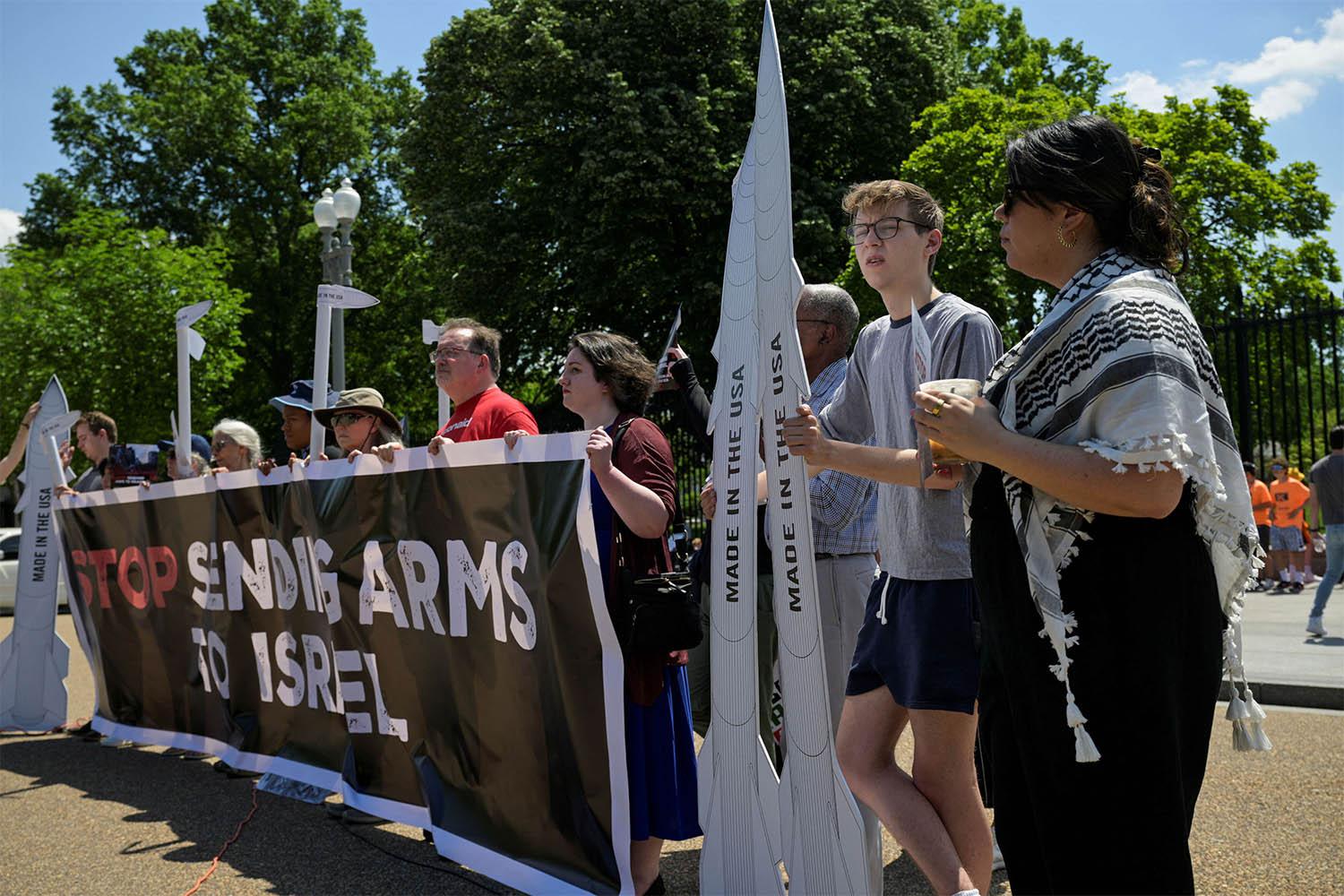 Protesters gather outside the White House to call on the Biden administration to stop sending weapons to Israel