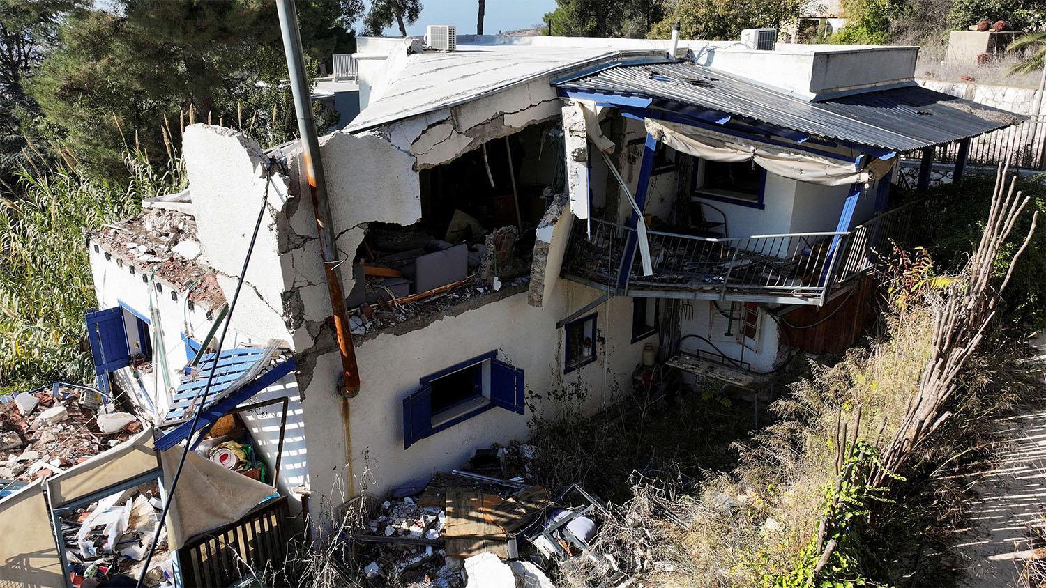 A damaged building in Manara, near the Israel-Lebanon border,