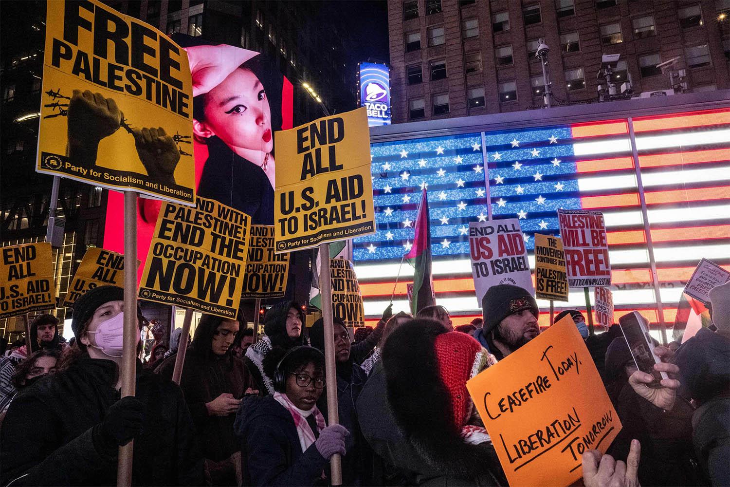 People participate in a pro-Palestinian rally in Times Square on January 16