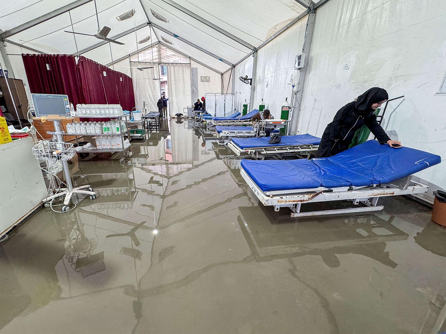 A field hospital is flooded following heavy rains in Khan Younis