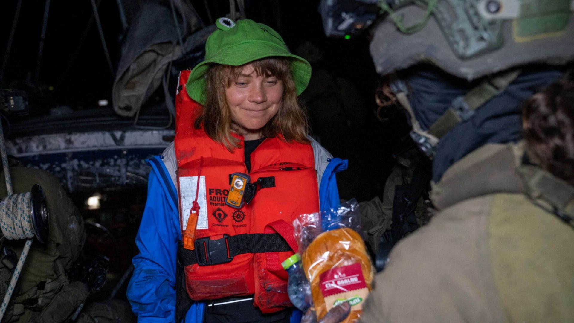  Greta Thunberg onboard the Gaza-bound British-flagged yacht Madleen after Israeli forces boarded the charity vessel 