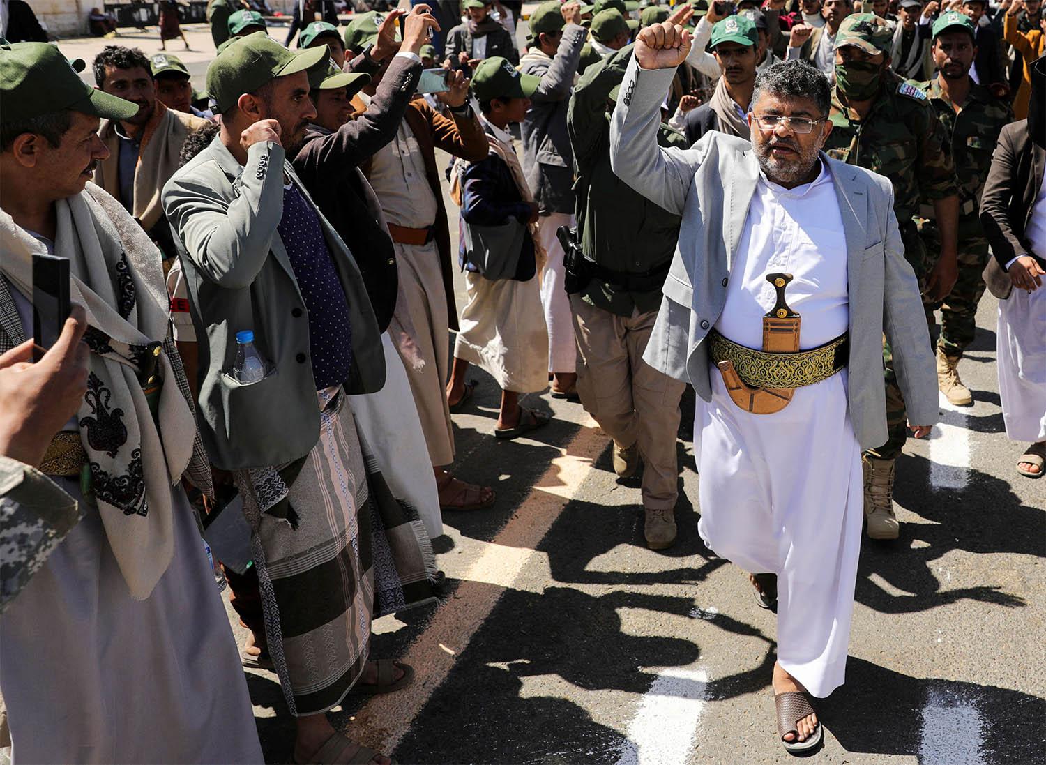 Houthi leader, Mohammad Ali al-Houthi, gestures to supporters in Sanaa