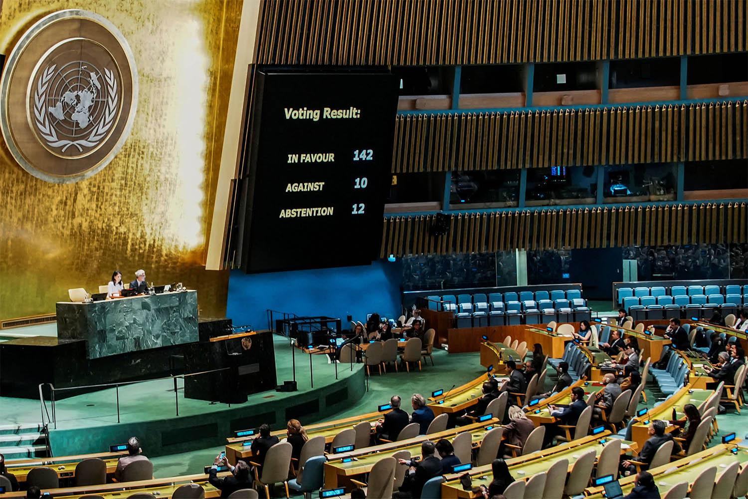 Members of the UN General Assembly vote on the Question of Palestine and the Implementation of the Two-State Solution at UN headquarters in New York City