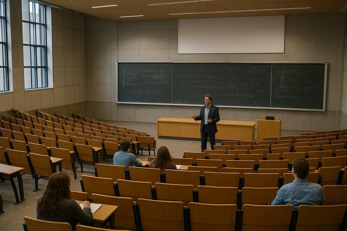  قاعة محاضرات علمية شاسعة، استاذ يحاضر في قاعة شبه فارغة