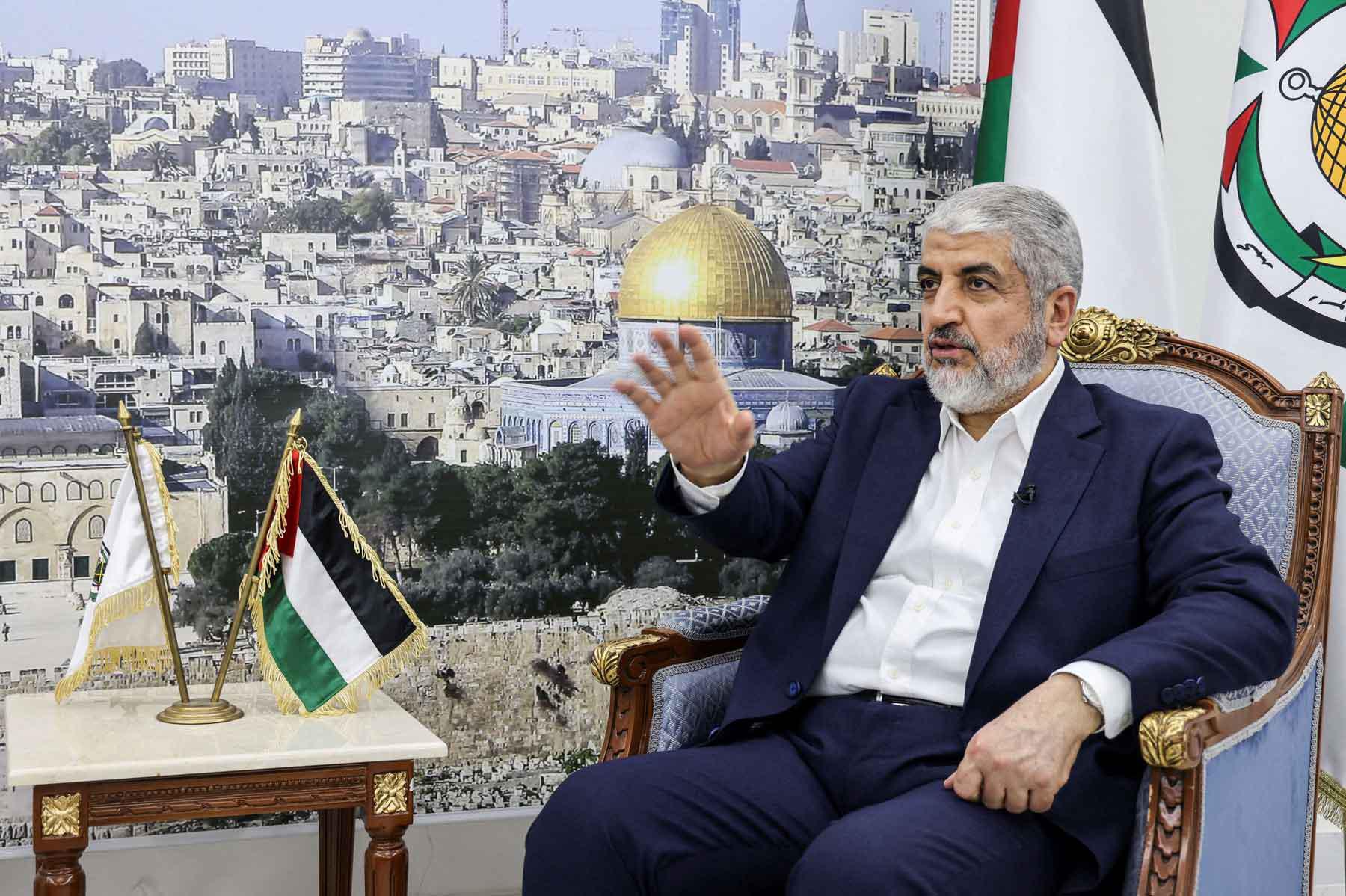 Khaled Meshaal speaks during an interview in Doha, October 5, 2024. 