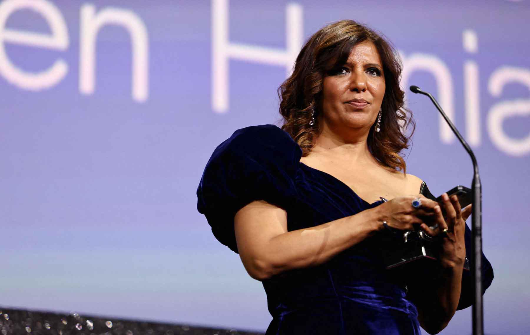 Kaouther Ben Hania receives looks on during the closing ceremony of the 82nd Venice International Film Festival, in Venice, Italy, September 6, 2025. 