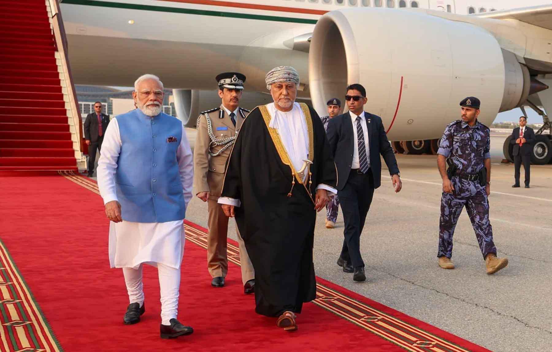 Oman’s Deputy Prime Minister for Defence Affairs Sayyid Shihab bin Tariq Al Said welcomes visiting Indian Prime Minister Narendra Modi in Muscat, December 17, 2025. 