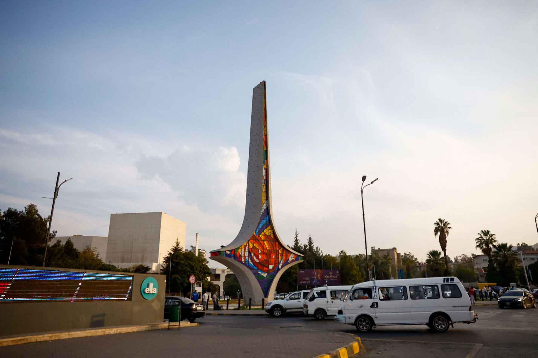 A view of the Damascene Sword Monument at Umayyad Square in Damascus.