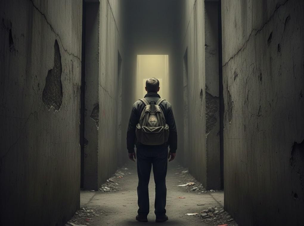 شخص يقف في ممر ضيف مع حقيبة نجاة