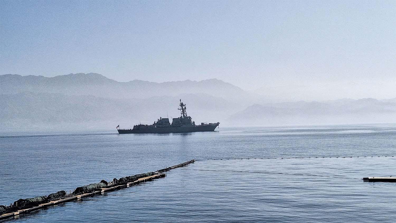 A US military destroyer at the port of the Israeli southern city of Eilat after it was docking there February 1